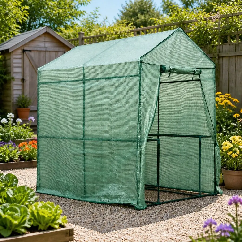 Walk in Greenhouse Green 1.2x1.9x1.9M with Roll Up Zipper Door and 4 Sturdy Shelves for Plant Growth
