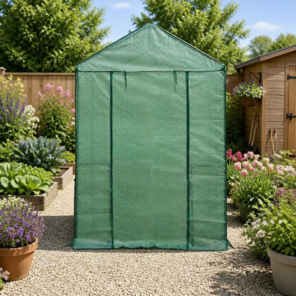 Walk in Greenhouse Green 1.2x1.9x1.9M with Roll Up Zipper Door and 4 Sturdy Shelves for Plant Growth