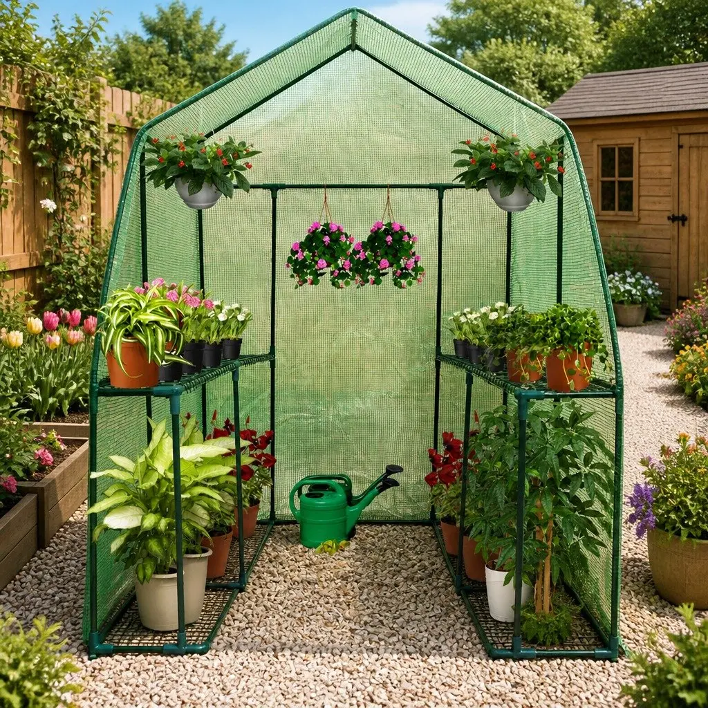 Walk in Greenhouse Green 1.2x1.9x1.9M with Roll Up Zipper Door and 4 Sturdy Shelves for Plant Growth