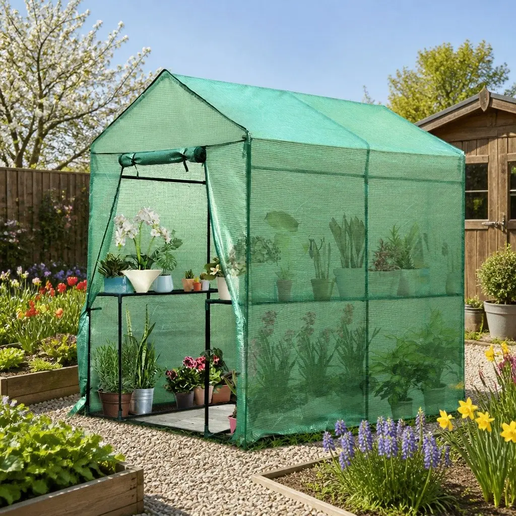 Walk in Greenhouse Green 1.2x1.9x1.9M with Roll Up Zipper Door and 4 Sturdy Shelves for Plant Growth
