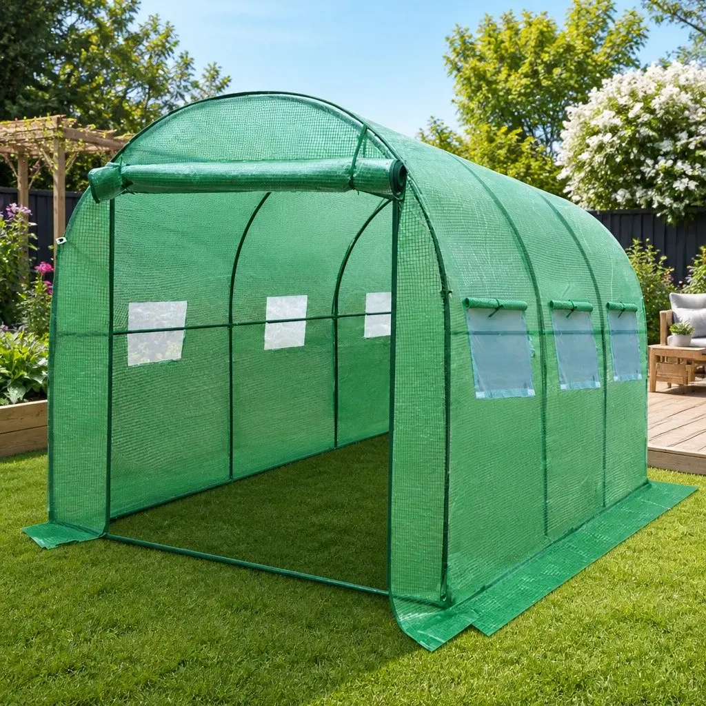 Walk-In Greenhouse Green 3x2x2M Durable Powder Coated Steel Frame Roll-Up Door Six Mesh Windows