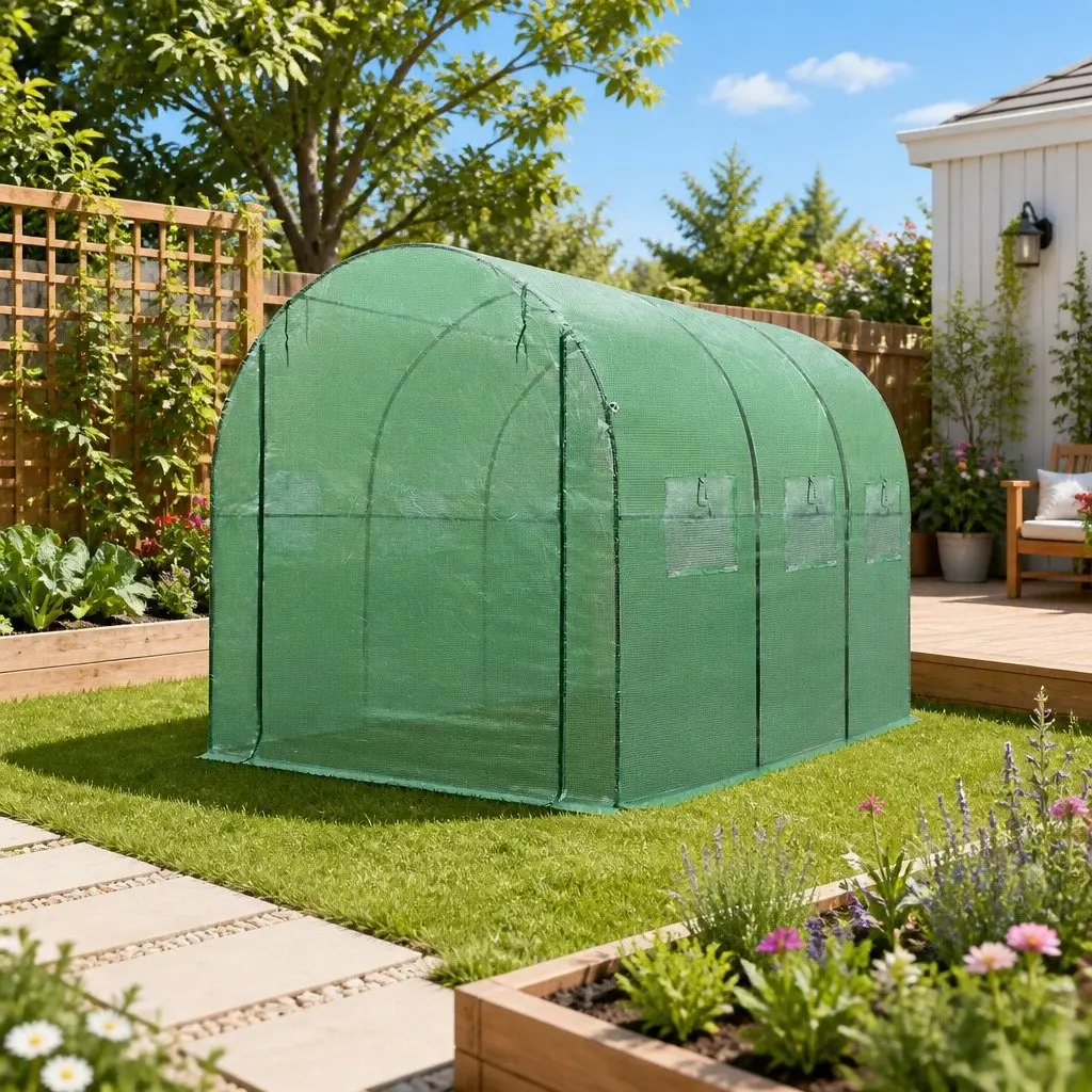 Walk-In Greenhouse Green 3x2x2M Durable Powder Coated Steel Frame Roll-Up Door Six Mesh Windows