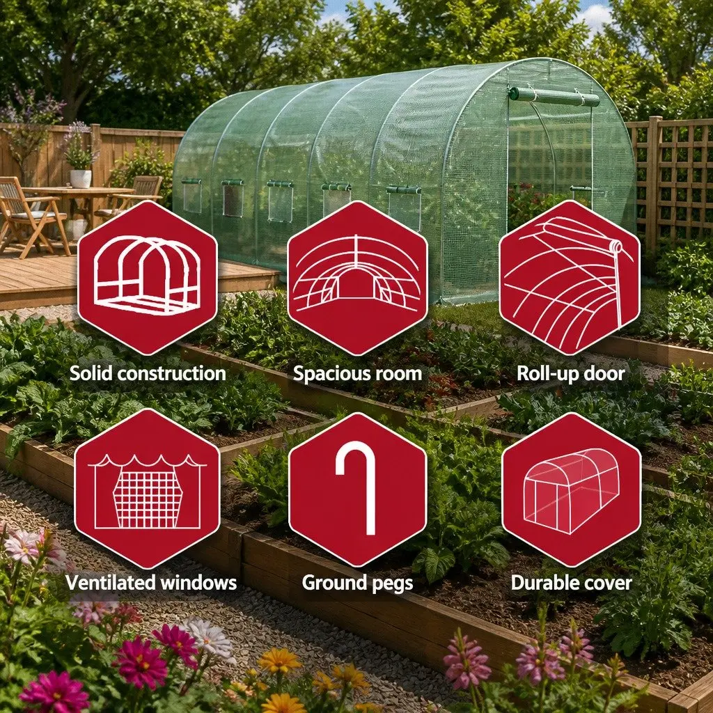 Walk-In Greenhouse Green 3x2x2M Durable Powder Coated Steel Frame Roll-Up Door Six Mesh Windows