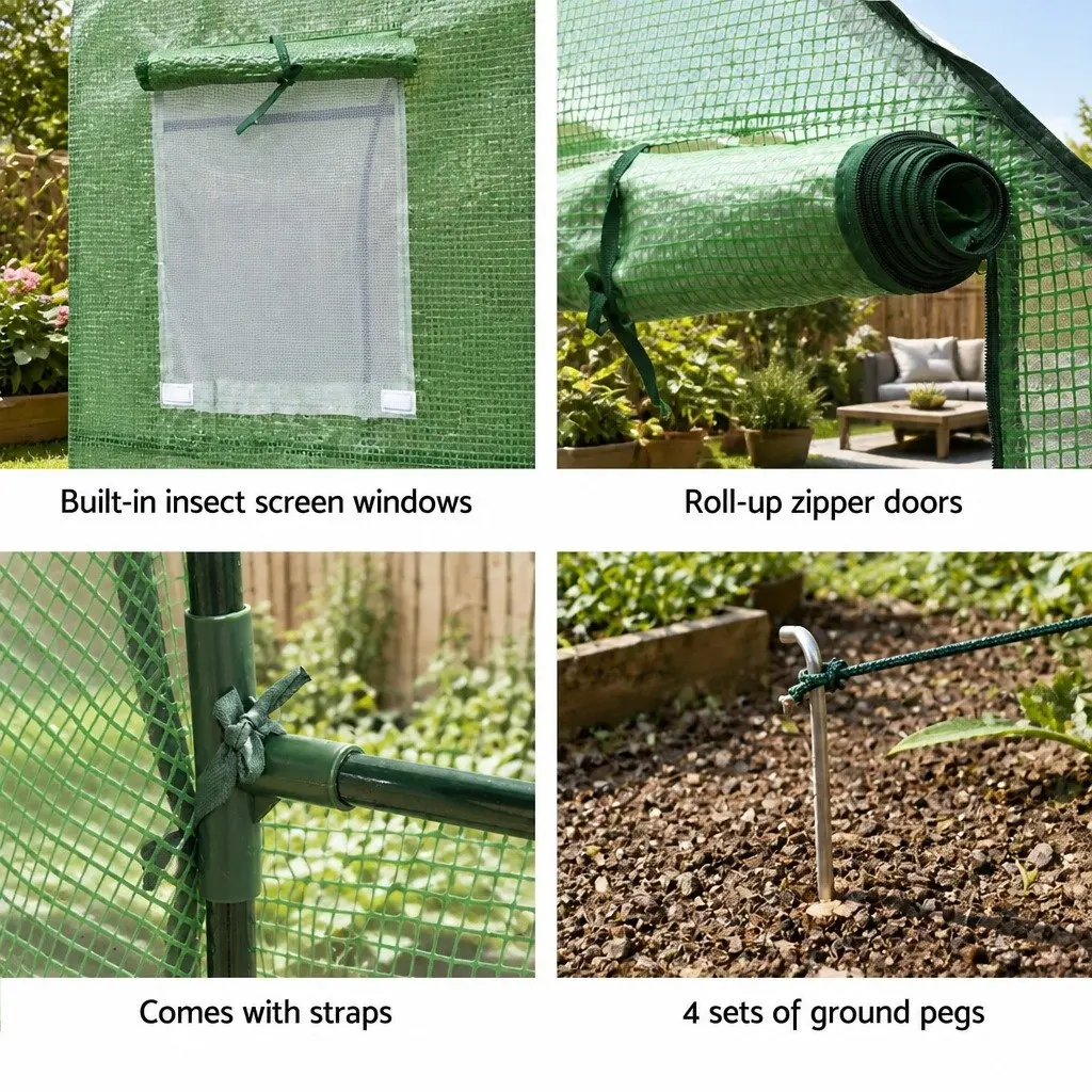 Walk-In Greenhouse Green 3x2x2M Durable Powder Coated Steel Frame Roll-Up Door Six Mesh Windows