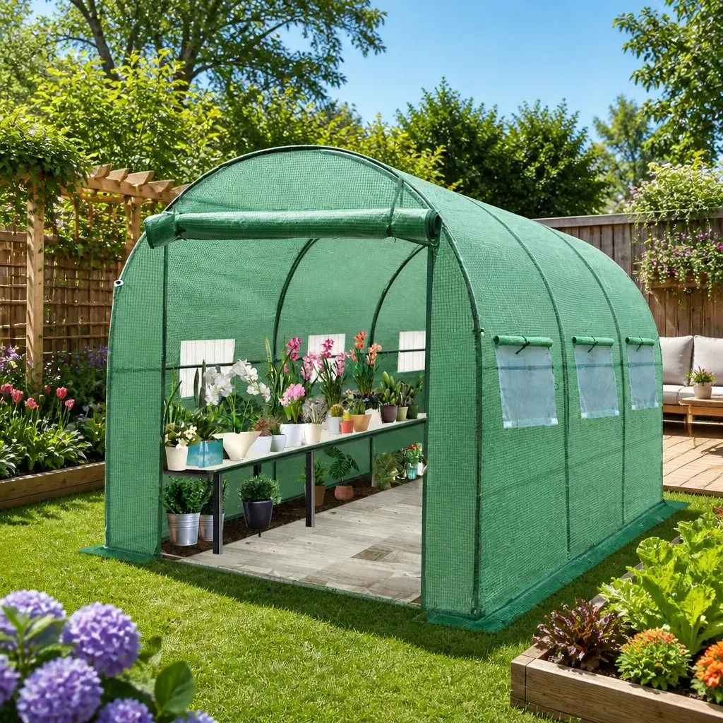 Walk-In Greenhouse Green 3x2x2M Durable Powder Coated Steel Frame Roll-Up Door Six Mesh Windows