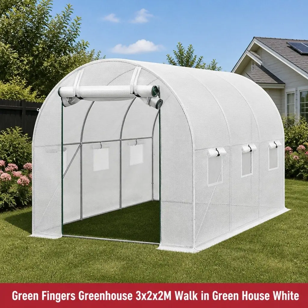 Walk In Greenhouse White 3x2x2M Steel Frame PE Cover Roll-up Door