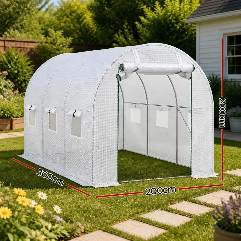 Walk In Greenhouse White 3x2x2M Steel Frame PE Cover Roll-up Door