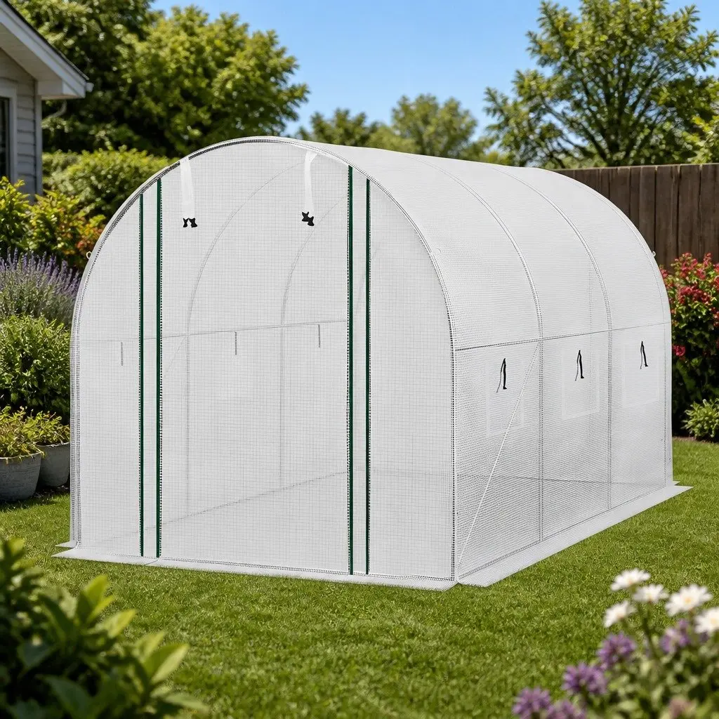 Walk In Greenhouse White 3x2x2M Steel Frame PE Cover Roll-up Door