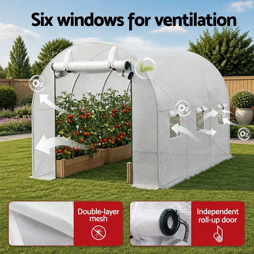 Walk In Greenhouse White 3x2x2M Steel Frame PE Cover Roll-up Door