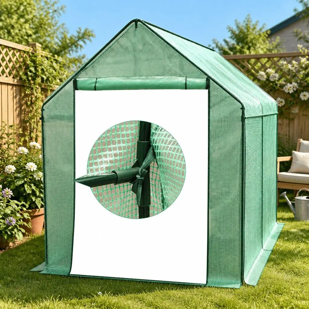 Walk In Greenhouse Tunnel Green 3.5M x 2M x 2M Robust Galvanised Steel Frame Roll Up Zippered Door Six Vent Windows