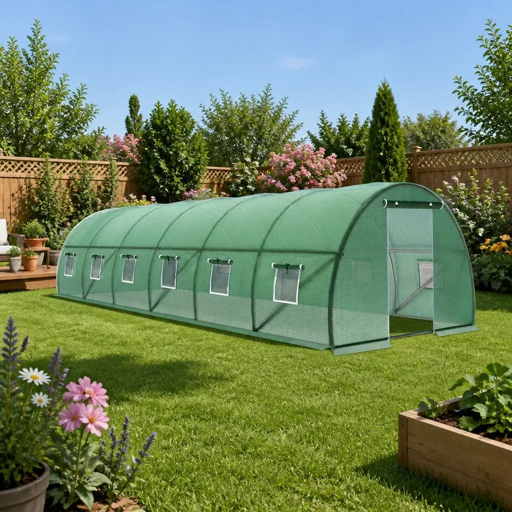 Walk-In Greenhouse Tunnel Green 9x3x2M Steel Frame PE Cover UV Resistant Easy Assembly
