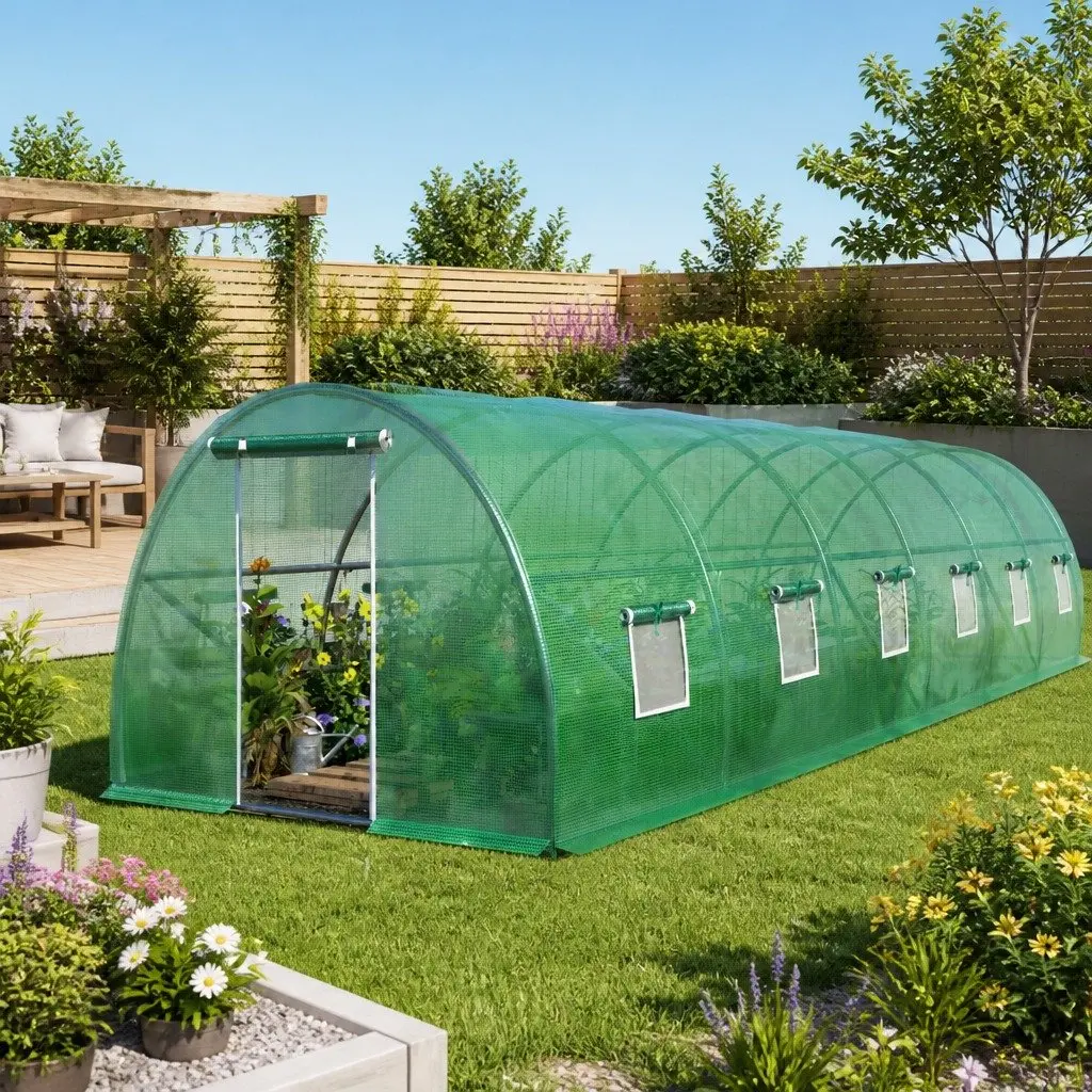Walk-In Greenhouse Tunnel Green 9x3x2M Steel Frame PE Cover UV Resistant Easy Assembly