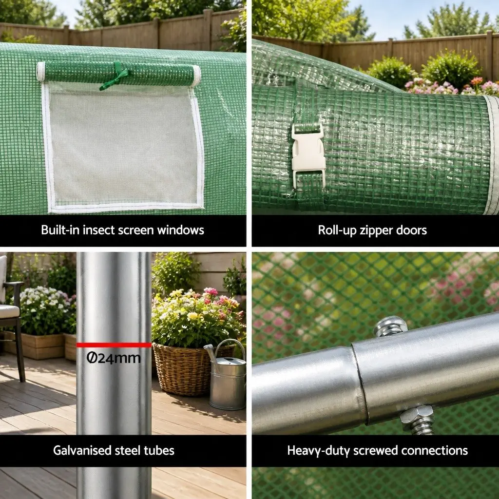 Walk-In Greenhouse Tunnel Green 9x3x2M Steel Frame PE Cover UV Resistant Easy Assembly