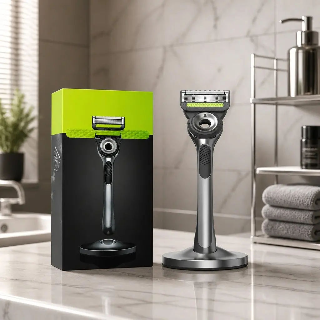 Razor Handle Blue Ergonomic Grip Advanced Shaving System with 2 Cartridges and Magnetic Stand