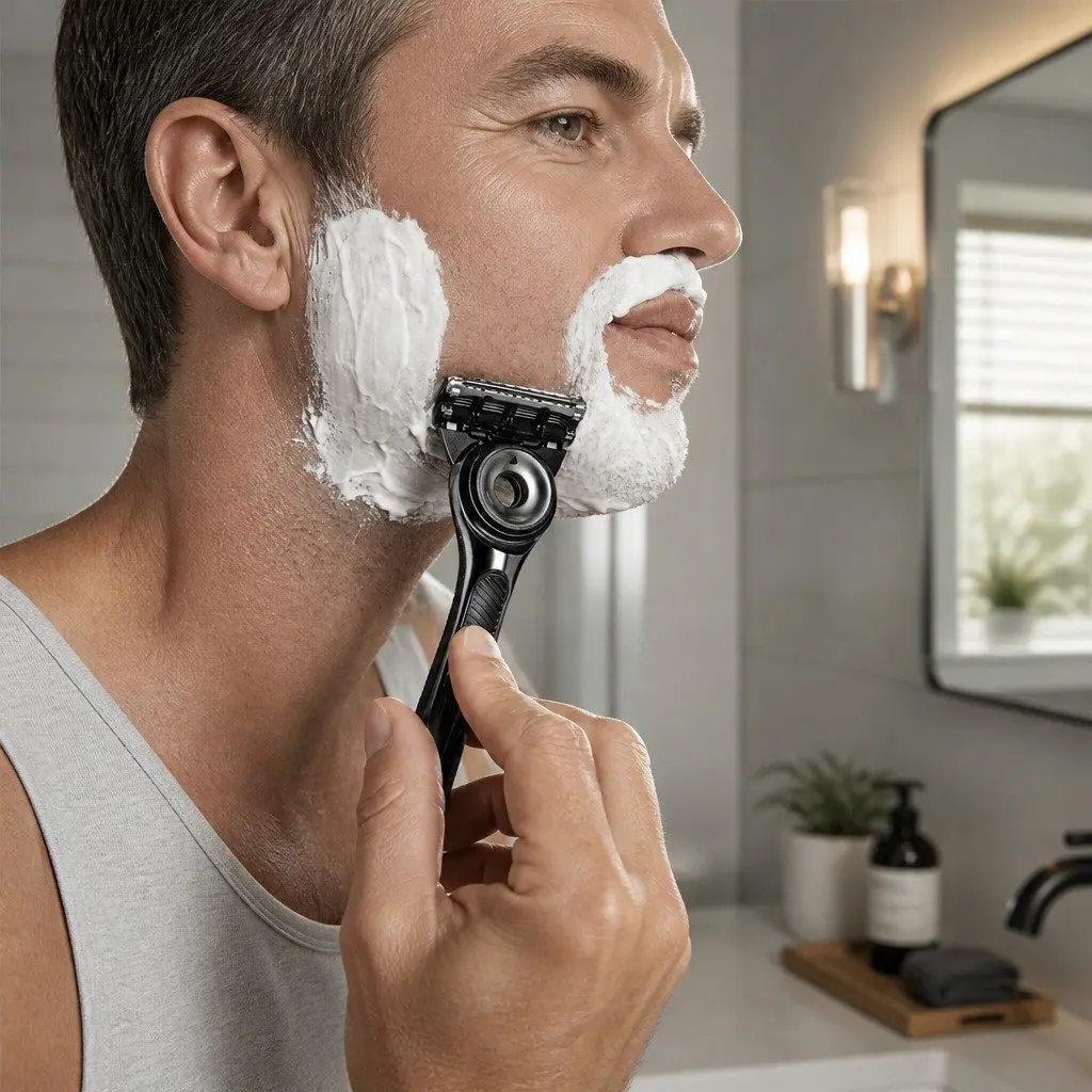 Razor Handle Blue Ergonomic Grip Advanced Shaving System with 2 Cartridges and Magnetic Stand