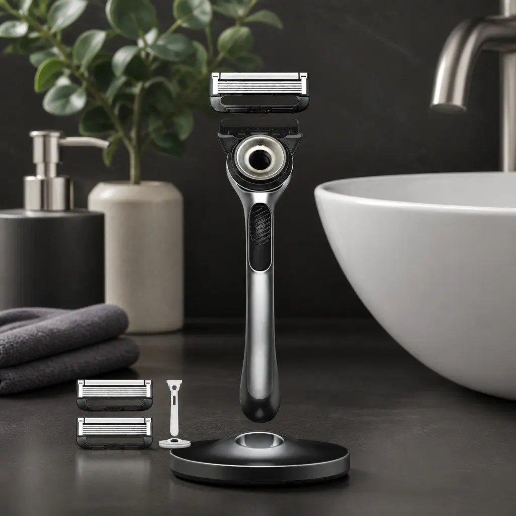 Razor Handle Blue Ergonomic Grip Advanced Shaving System with 2 Cartridges and Magnetic Stand