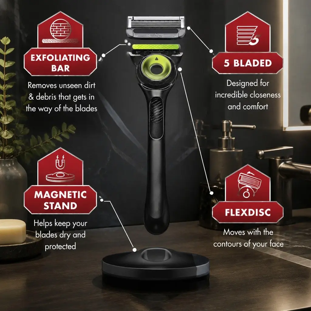 Razor Handle Red with 2 Cartridges Magnetic Stand Exfoliating Bar Ergonomic Grooming