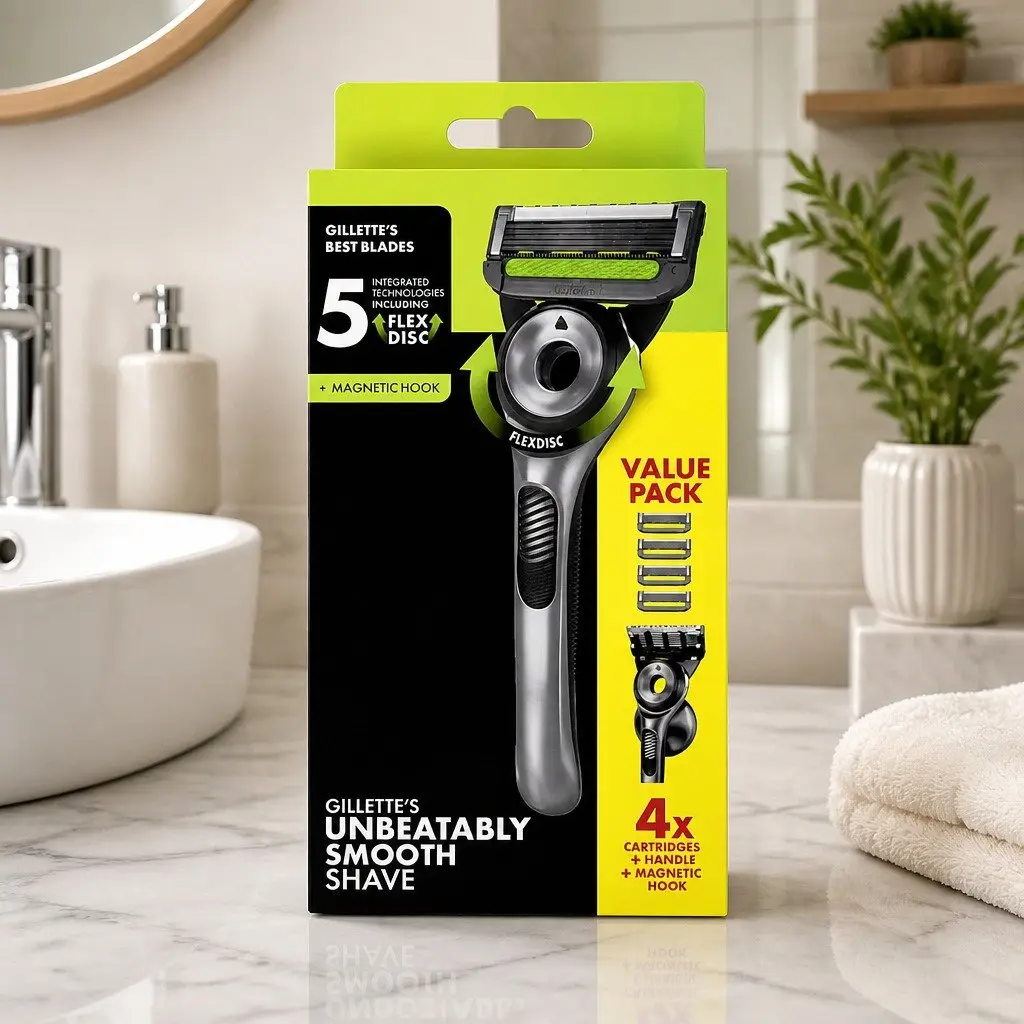 Razor Handle with 4 Blade Cartridges and Magnetic Storage Hook Grooming Tool
