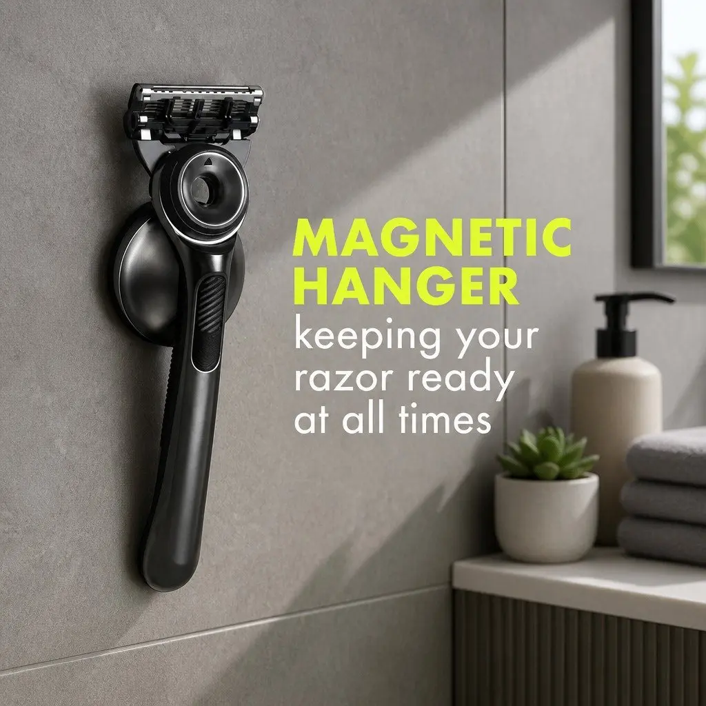 Razor Handle with 4 Blade Cartridges and Magnetic Storage Hook Grooming Tool