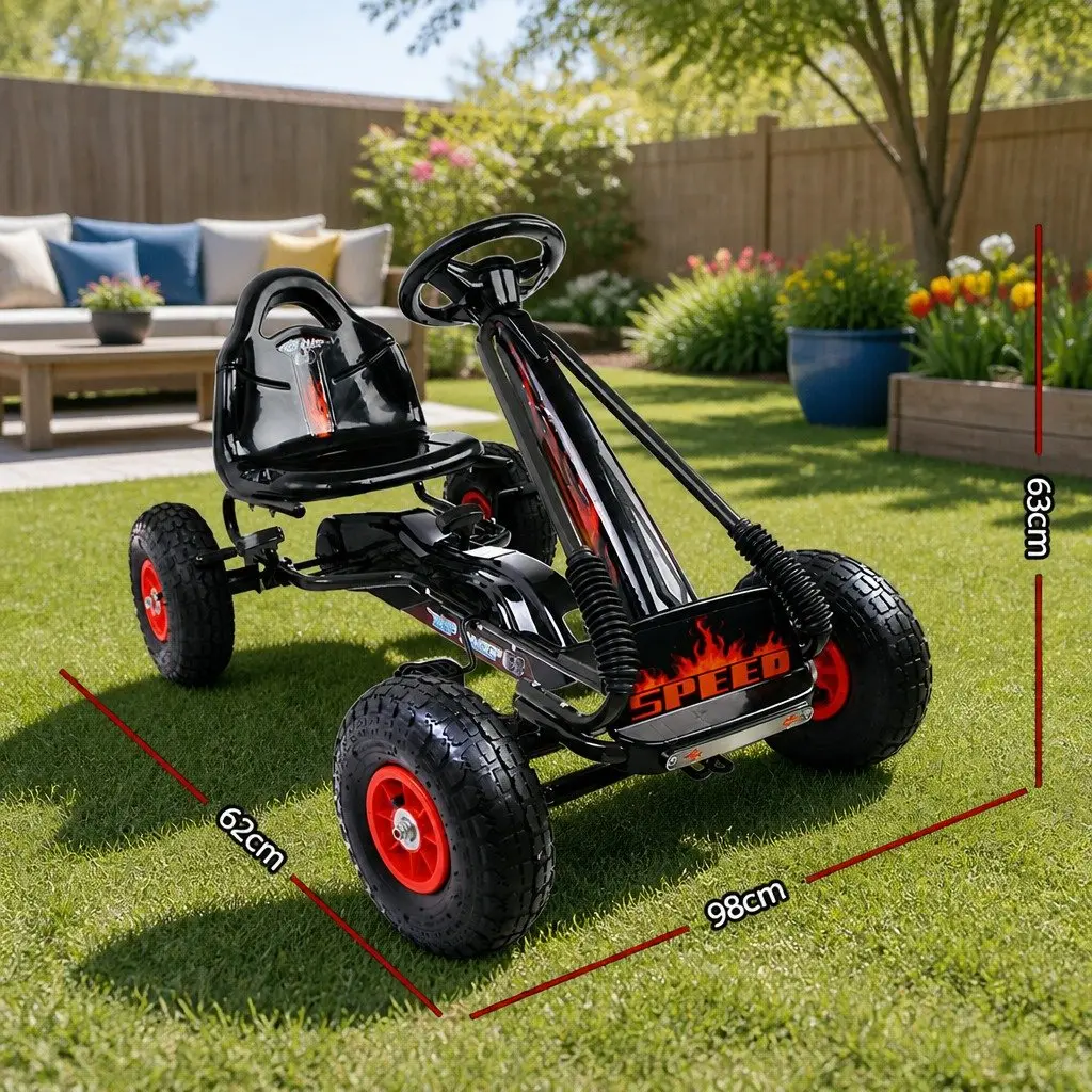 Kids Pedal Go Kart Black Adjustable Seat Rubber Tyres Safe Braking System