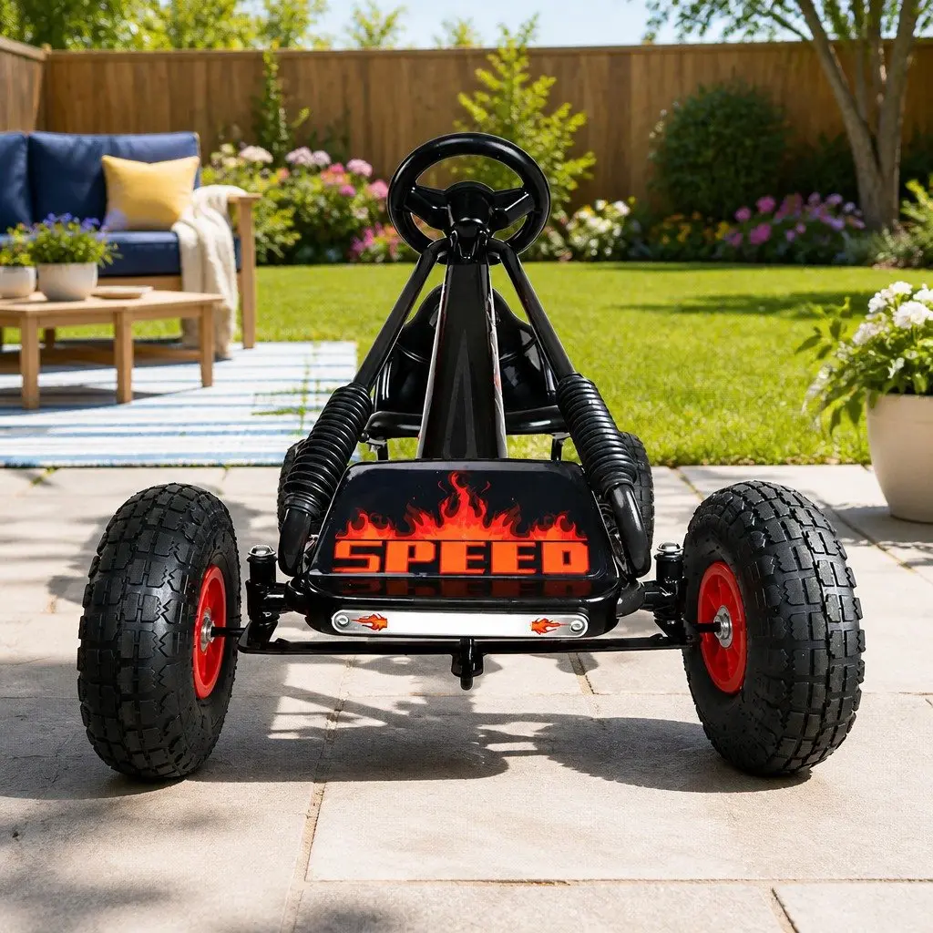 Kids Pedal Go Kart Black Adjustable Seat Rubber Tyres Safe Braking System