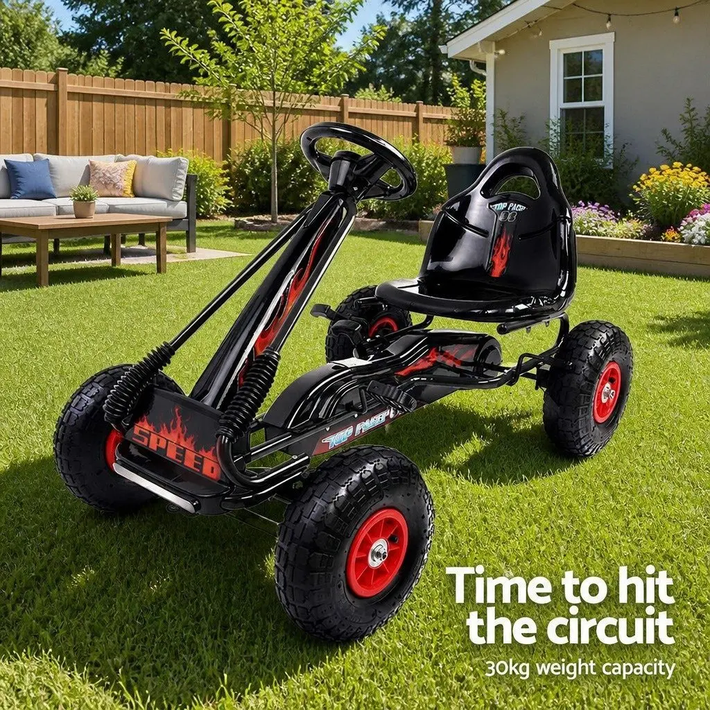 Kids Pedal Go Kart Black Adjustable Seat Rubber Tyres Safe Braking System