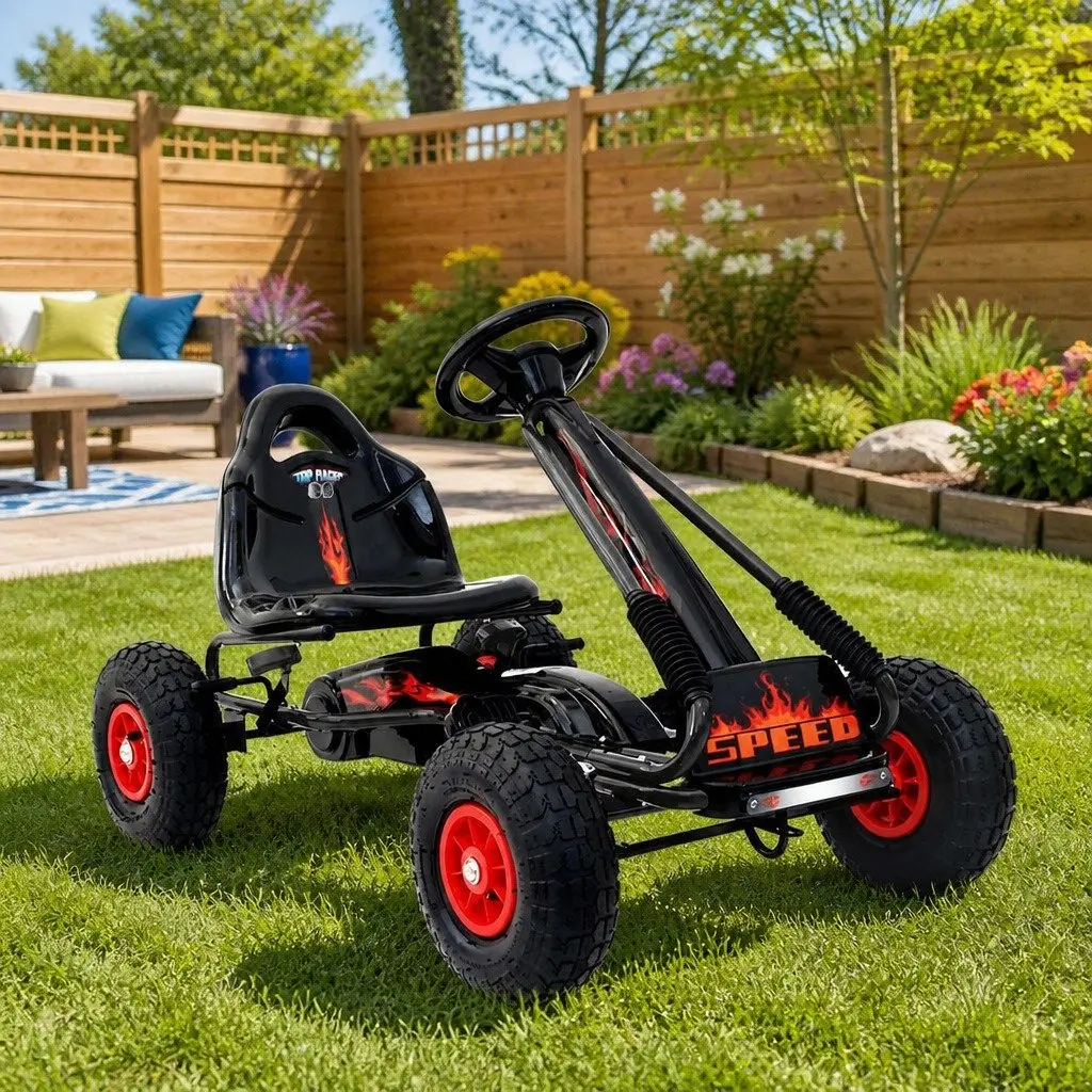 Kids Pedal Go Kart Black Adjustable Seat Rubber Tyres Safe Braking System