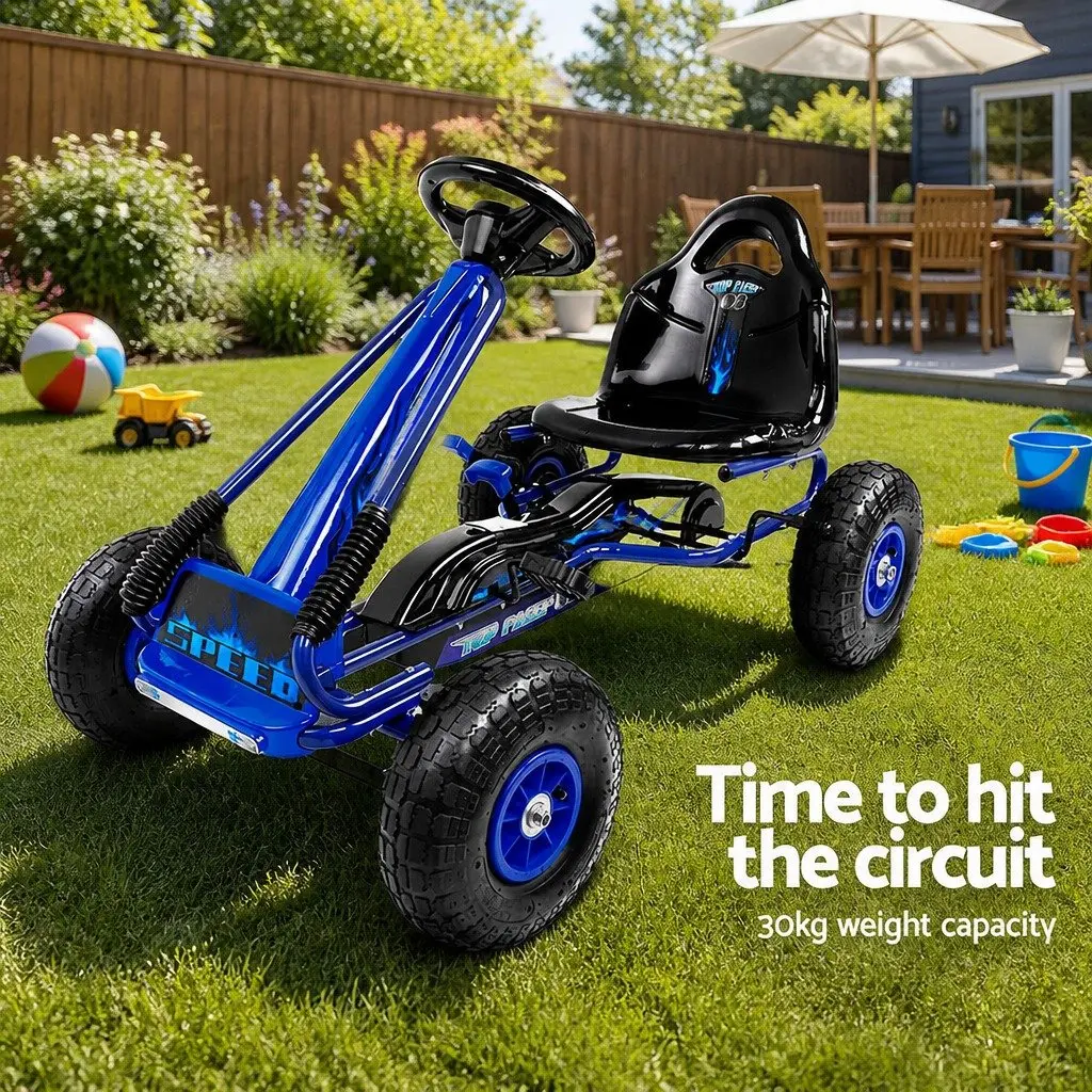 Kids Pedal Go Kart Ride On Car Toy Racing Outdoor Fun Tricycle Blue Rubber Tyre