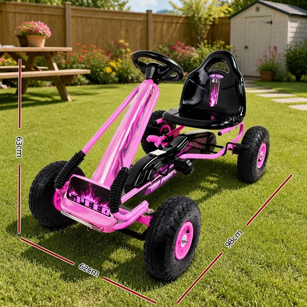 Kids Go Kart Ride On Car Pink Adjustable Seat Rubber Tyres 3 Years and Above