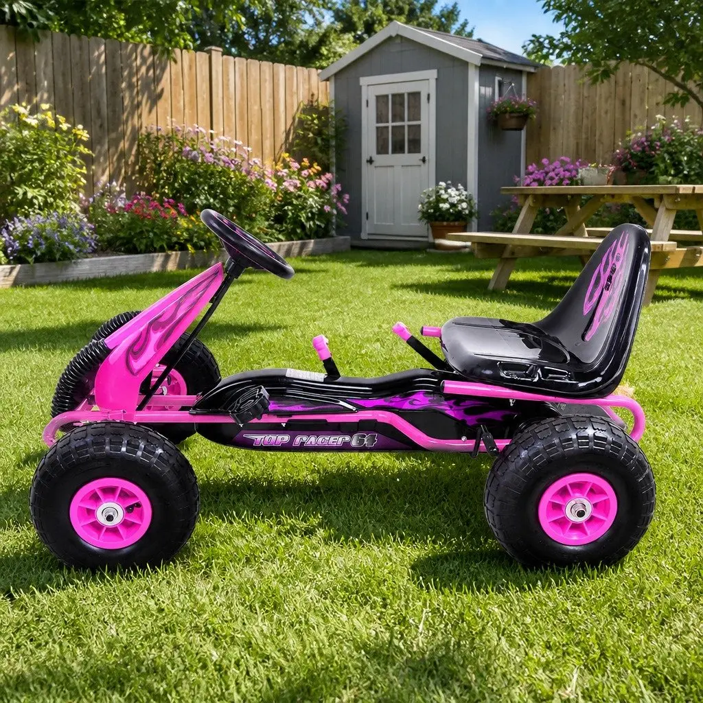 Kids Go Kart Ride On Car Pink Adjustable Seat Rubber Tyres 3 Years and Above