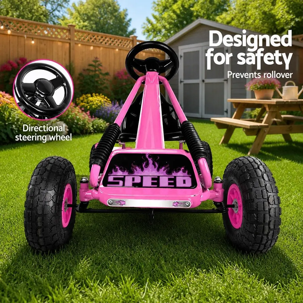 Kids Go Kart Ride On Car Pink Adjustable Seat Rubber Tyres 3 Years and Above