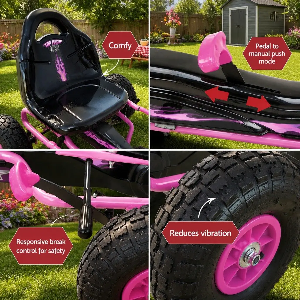 Kids Go Kart Ride On Car Pink Adjustable Seat Rubber Tyres 3 Years and Above