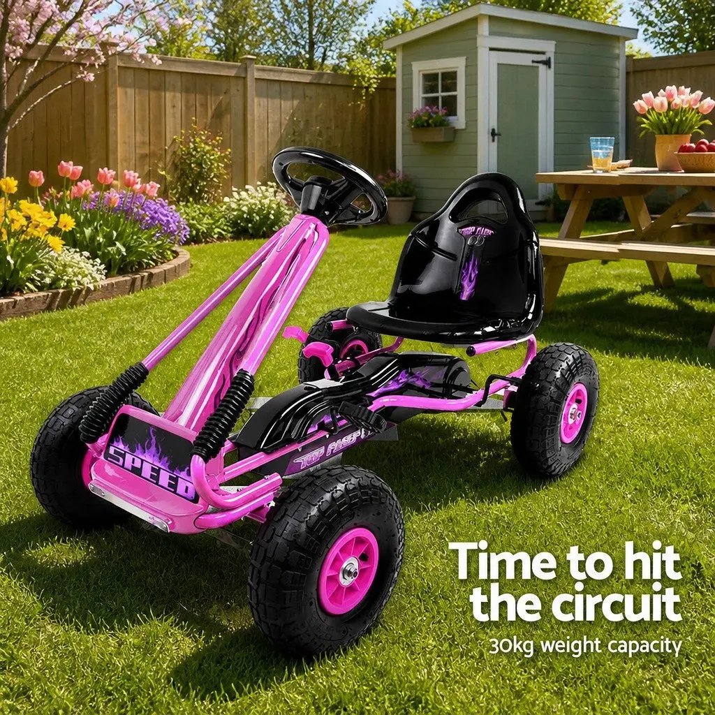 Kids Go Kart Ride On Car Pink Adjustable Seat Rubber Tyres 3 Years and Above