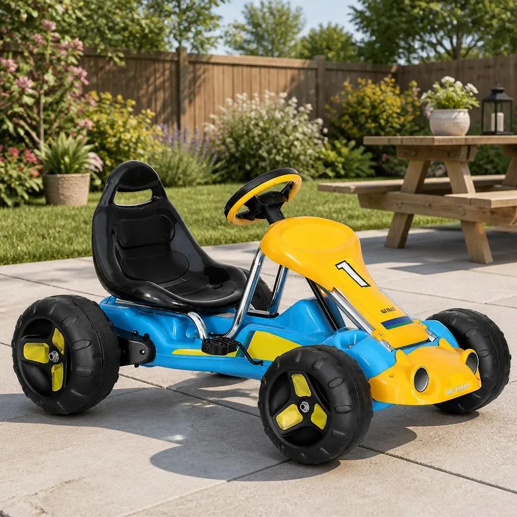 Kids Go Kart Blue Pedal Powered Outdoor Play Durable Frame Responsive Steering