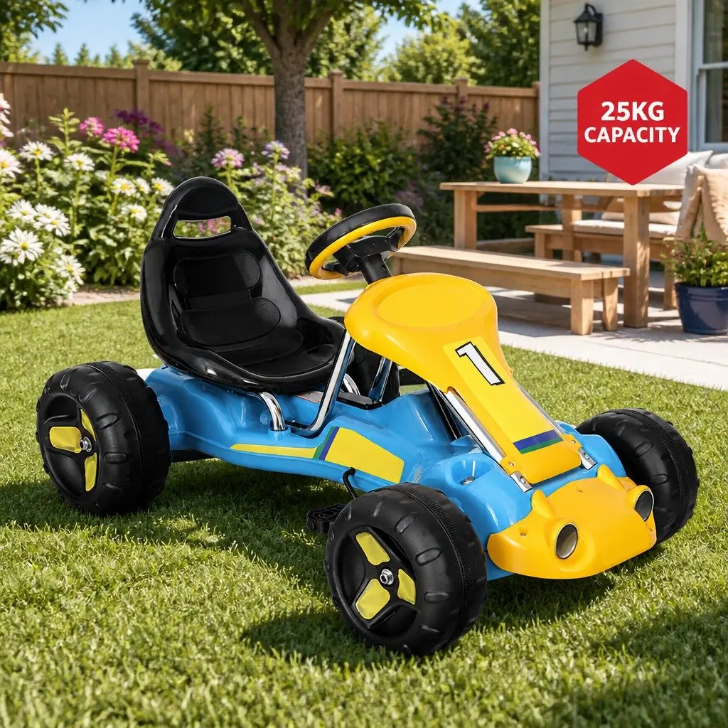 Kids Go Kart Blue Pedal Powered Outdoor Play Durable Frame Responsive Steering