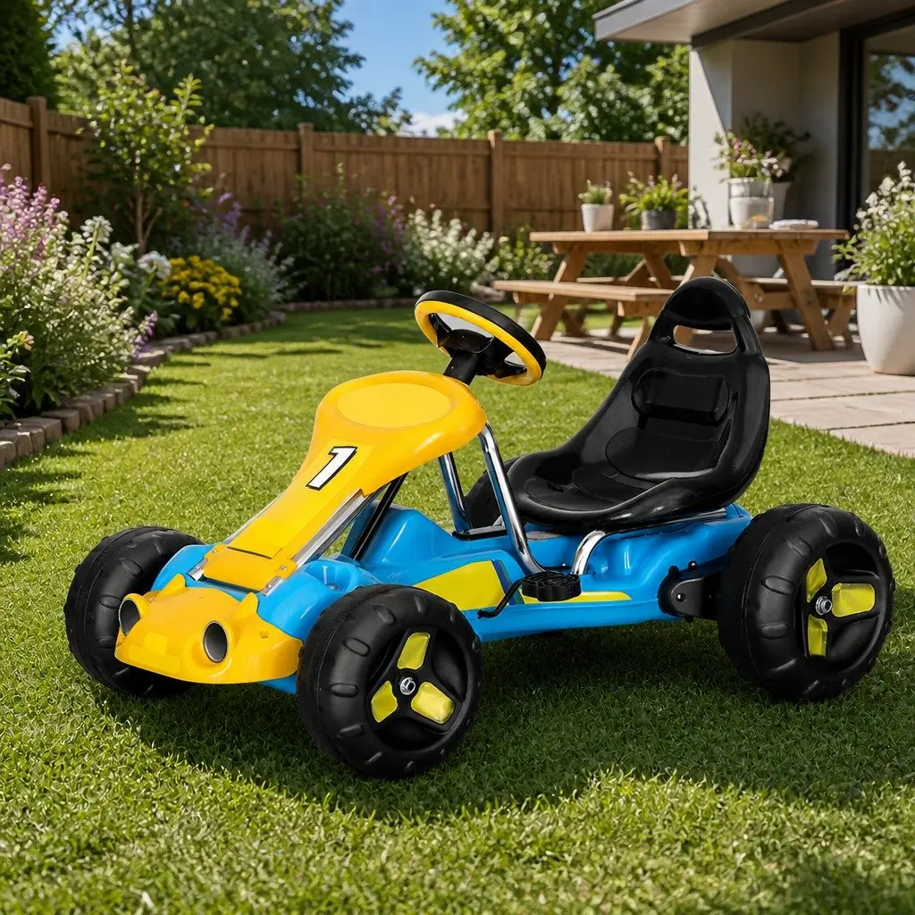 Kids Go Kart Blue Pedal Powered Outdoor Play Durable Frame Responsive Steering