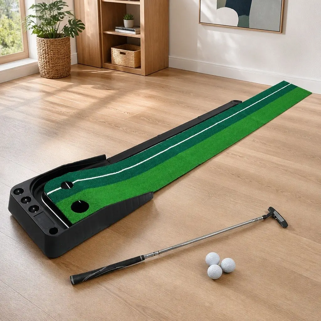 Golf Putting Mat Green Black 250cm Portable Practice Trainer Dual Holes