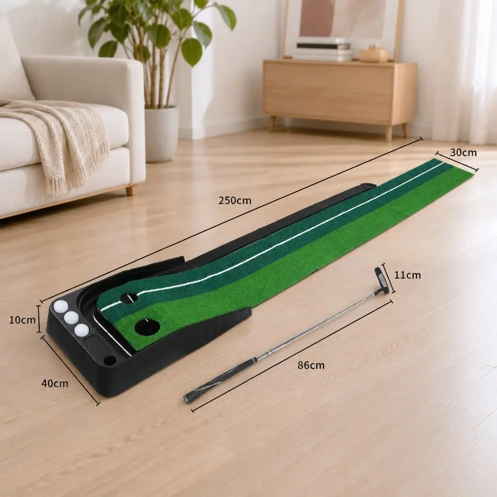 Golf Putting Mat Green Black 250cm Portable Practice Trainer Dual Holes