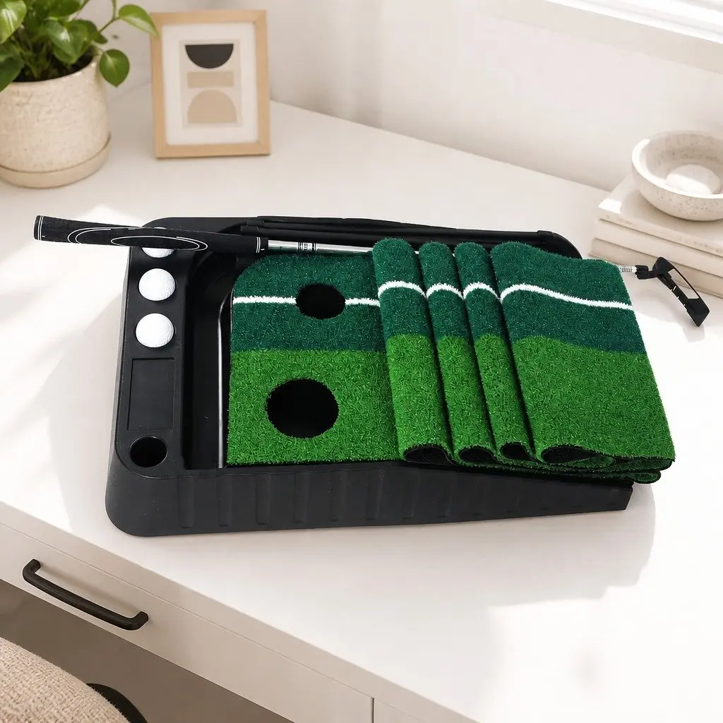 Golf Putting Mat Green Black 250cm Portable Practice Trainer Dual Holes