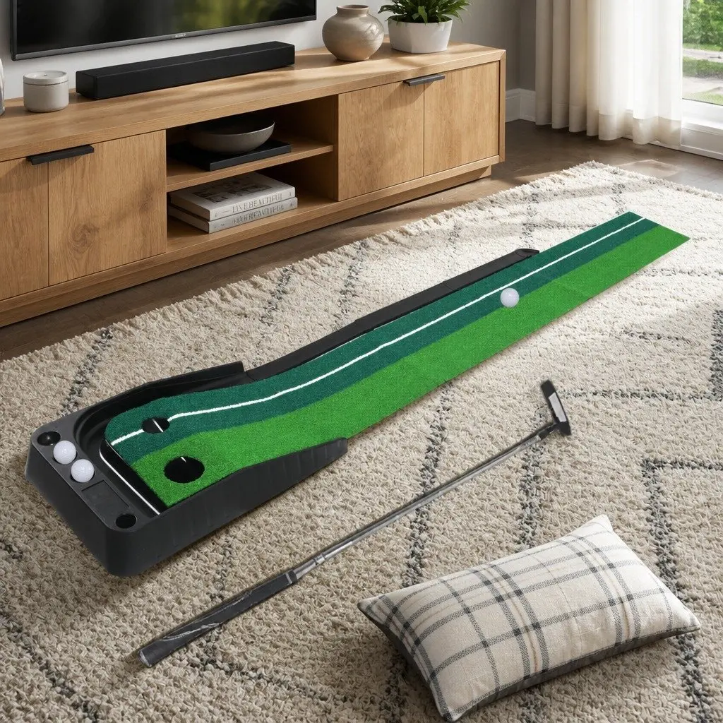 Golf Putting Mat Green Black 250cm Portable Practice Trainer Dual Holes