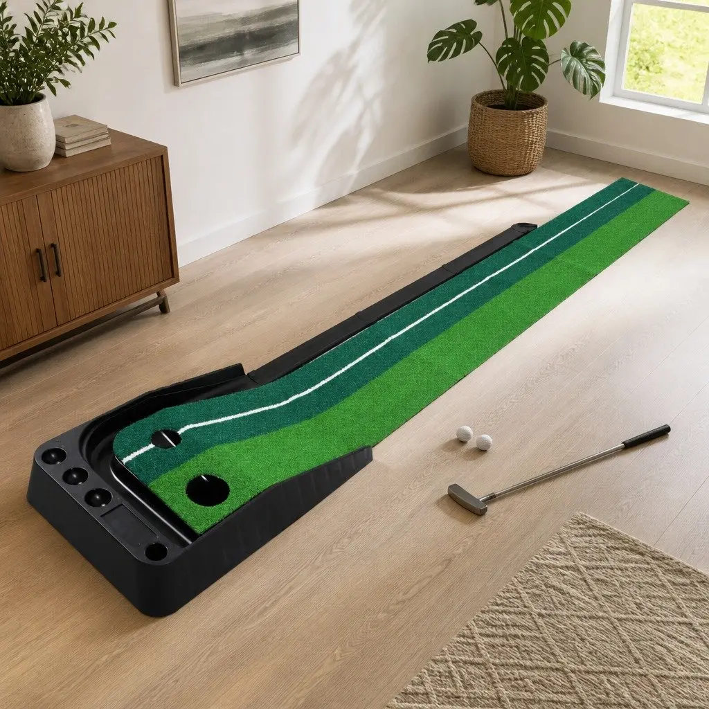 Golf Putting Mat Green Black Portable Indoor Practice Trainer Dual Holes System