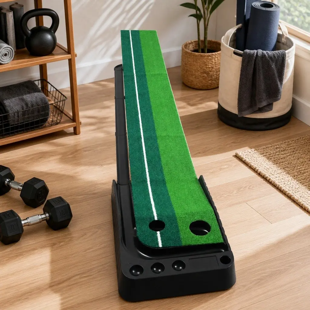 Golf Putting Mat Green Black Portable Indoor Practice Trainer Dual Holes System