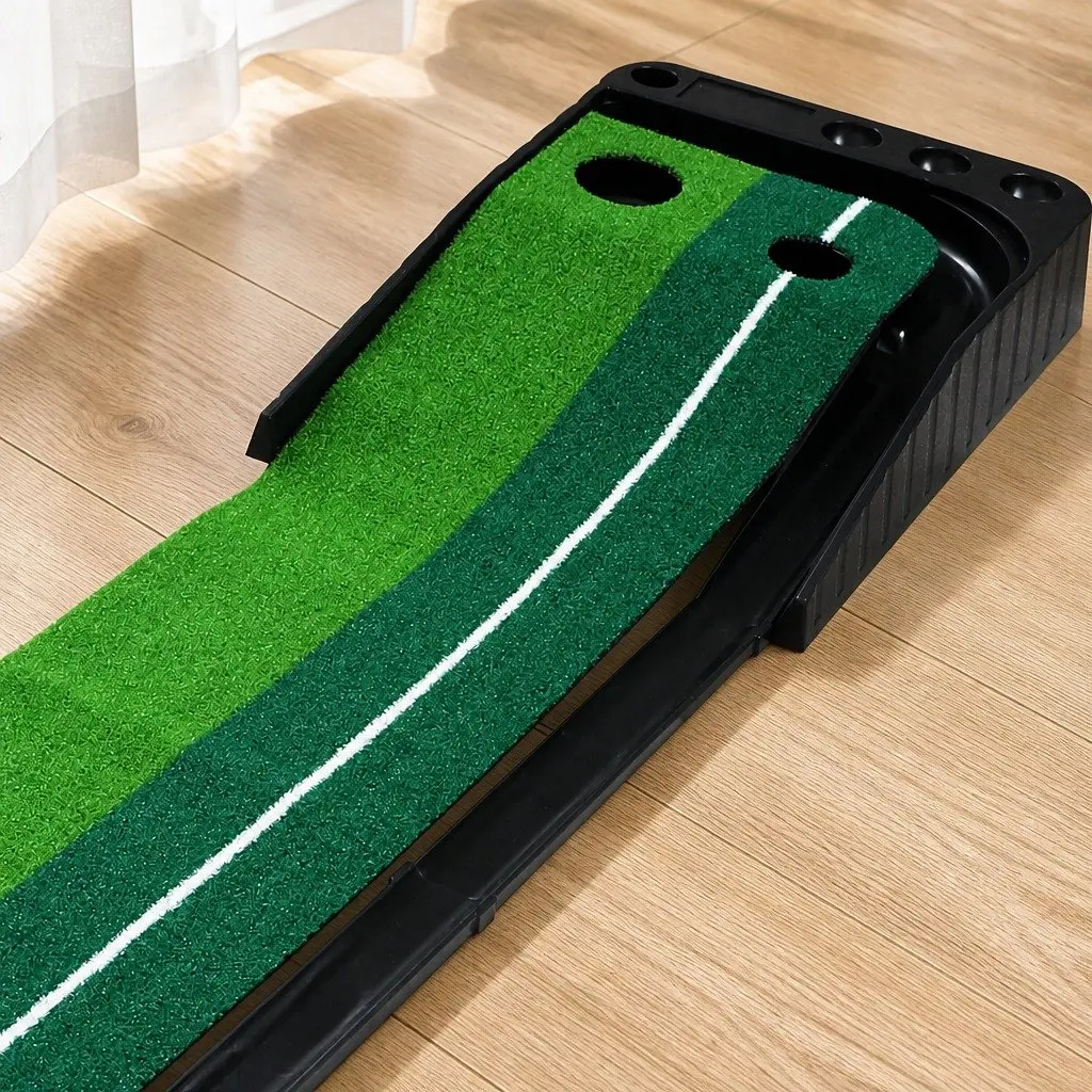 Golf Putting Mat Green Black Portable Indoor Practice Trainer Dual Holes System