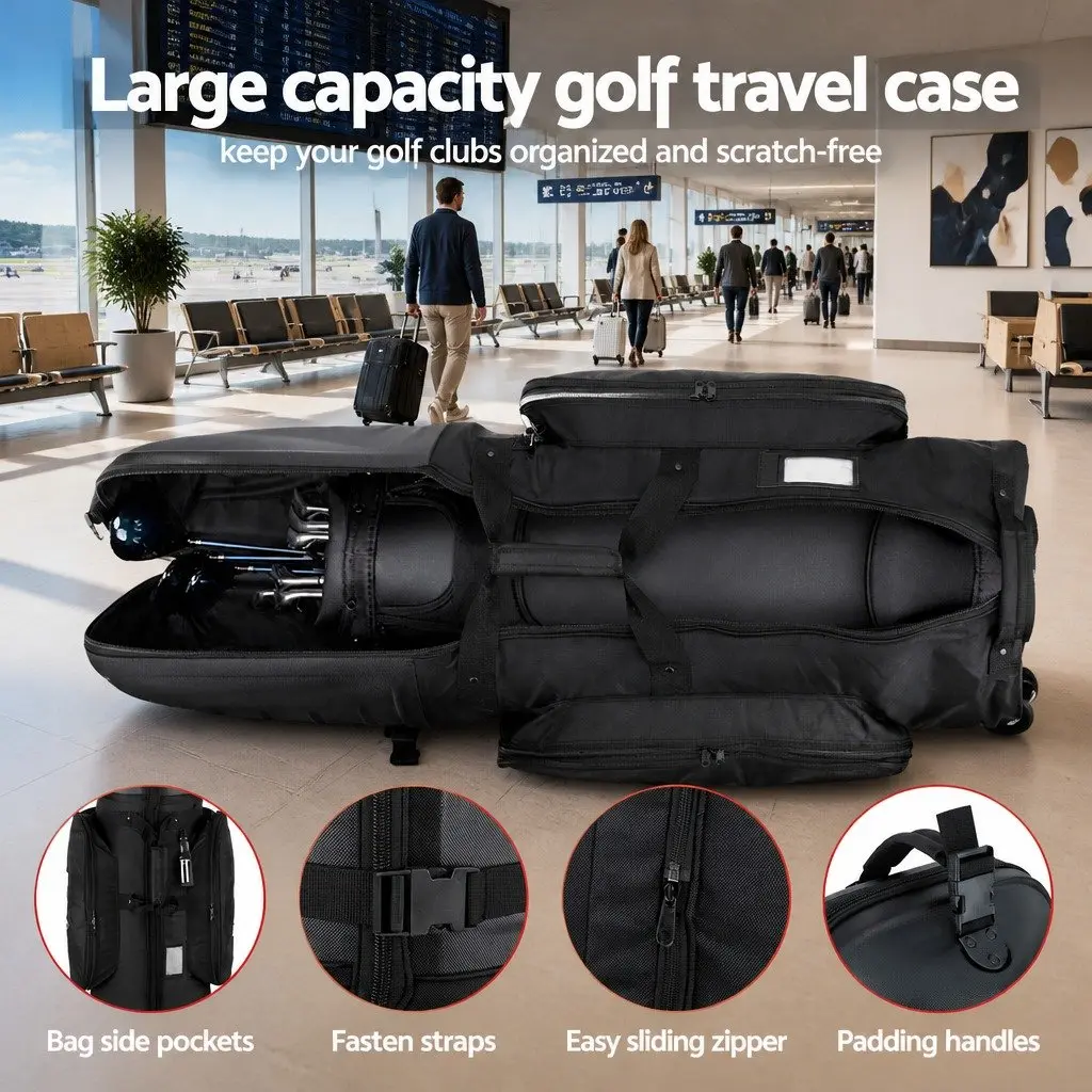 Golf Travel Bag with Wheels Hard Case Foldable Airline Clubs Storage Black