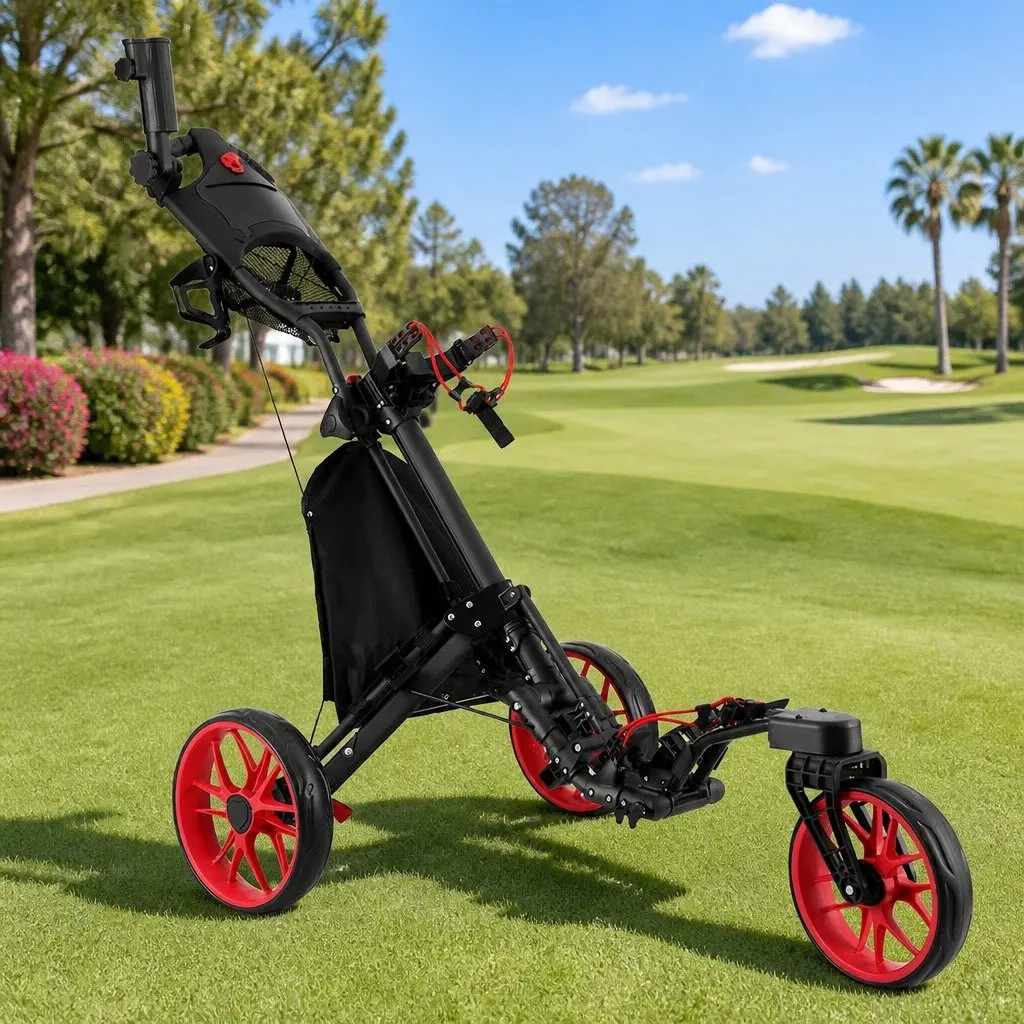 Golf Trolley Cart Black Red 3 Wheels Foldable Swivel Front Wheels Umbrella Stand