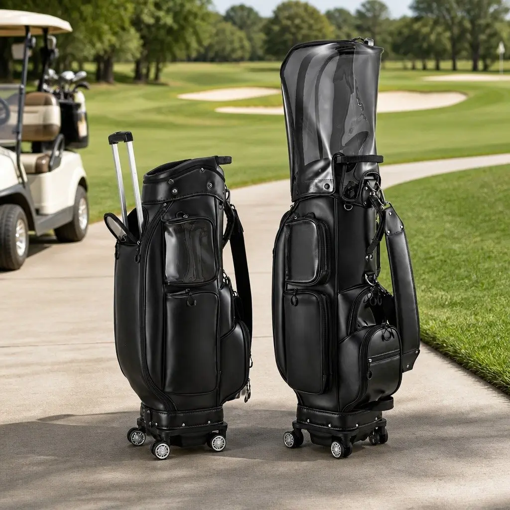 Golf Cart Bag Black Rolling with Spinner Wheels Telescopic Handle Multiple Storage Compartments
