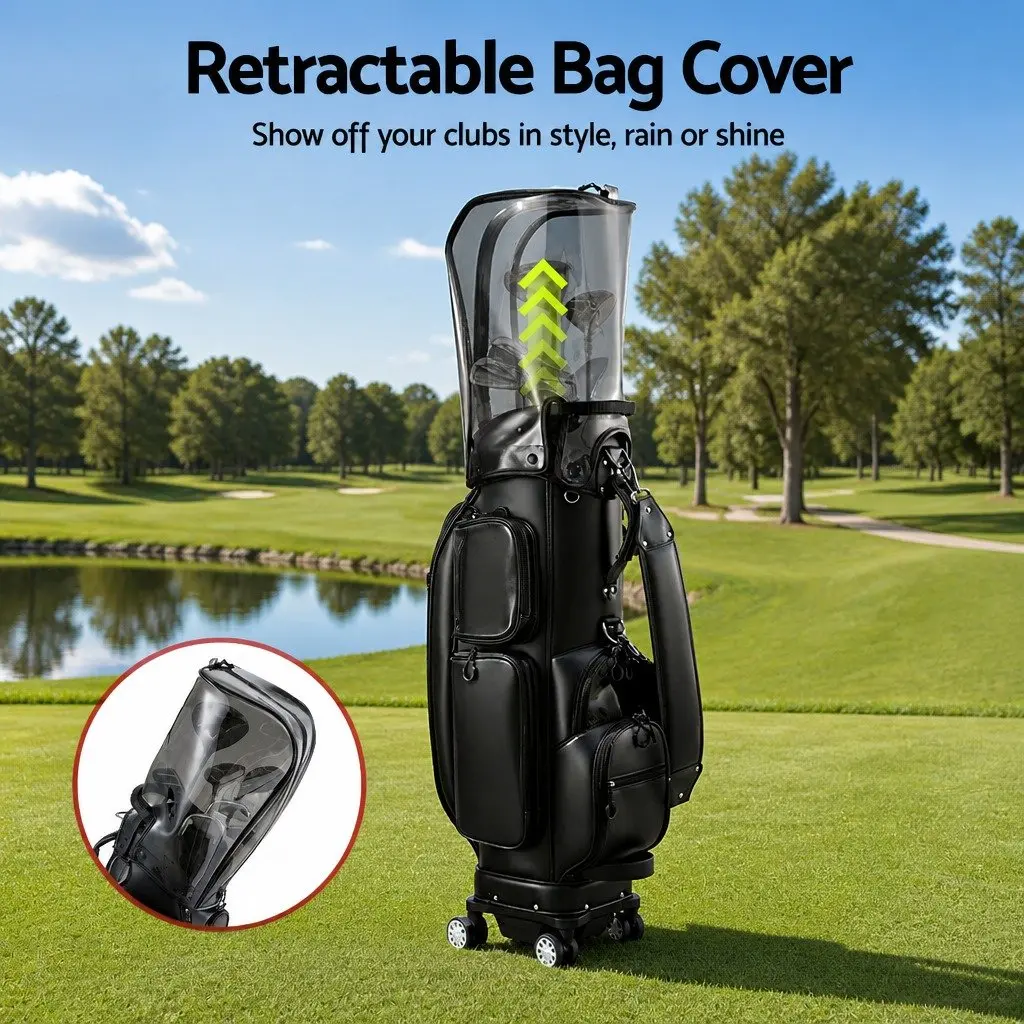 Golf Cart Bag Black Rolling with Spinner Wheels Telescopic Handle Multiple Storage Compartments