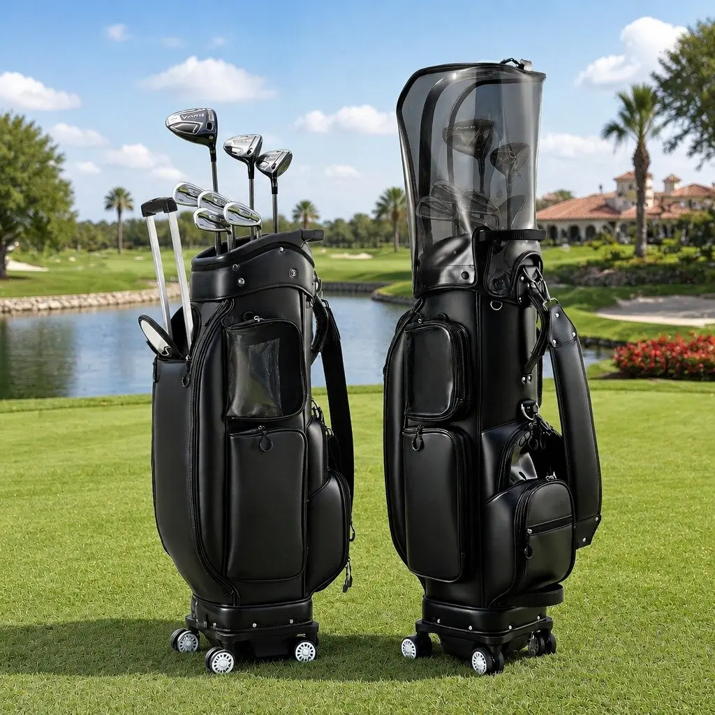 Golf Cart Bag Black Rolling with Spinner Wheels Telescopic Handle Multiple Storage Compartments