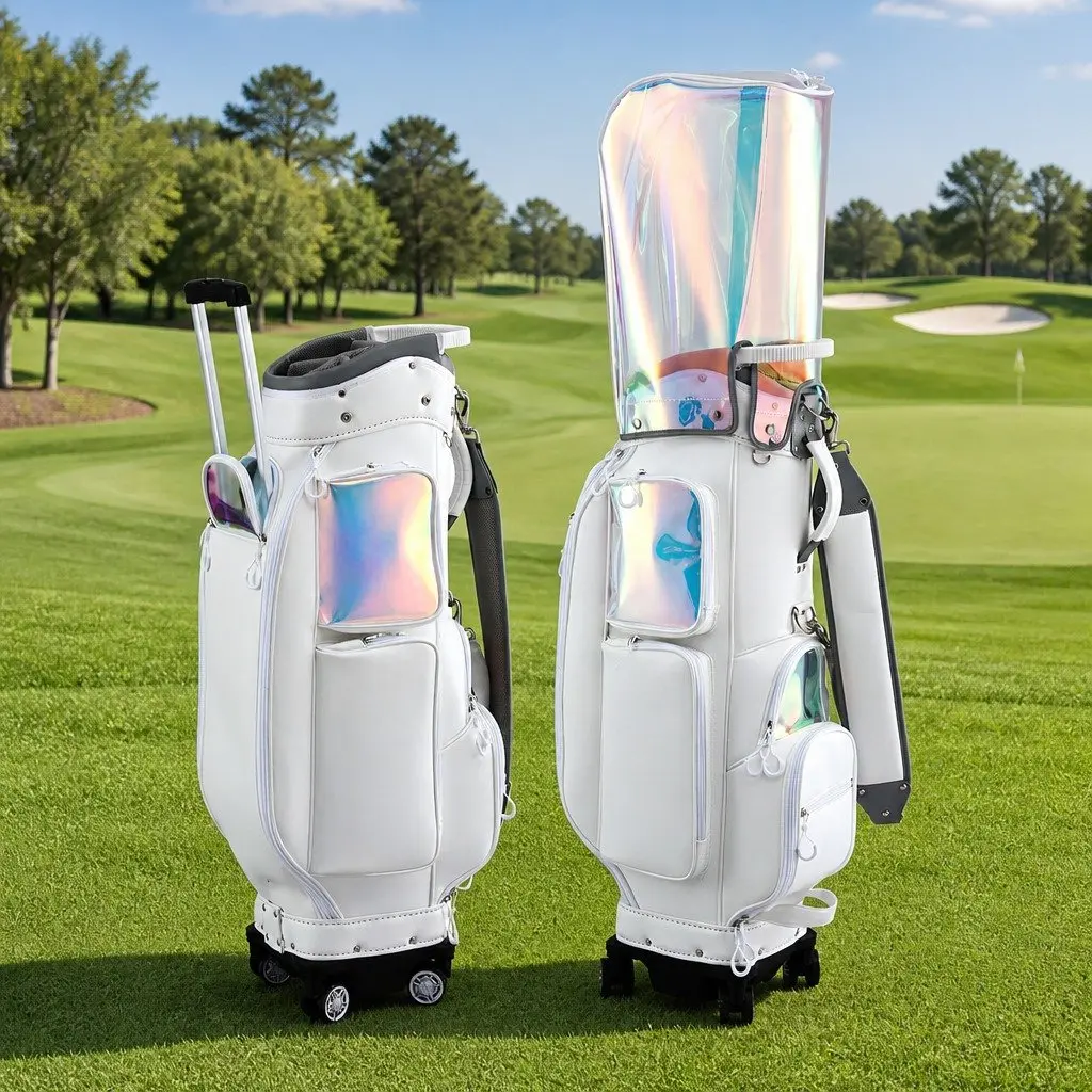 Golf Cart Bag White Multicolour Rolling Buggy with Spinner Wheels Telescopic Handle