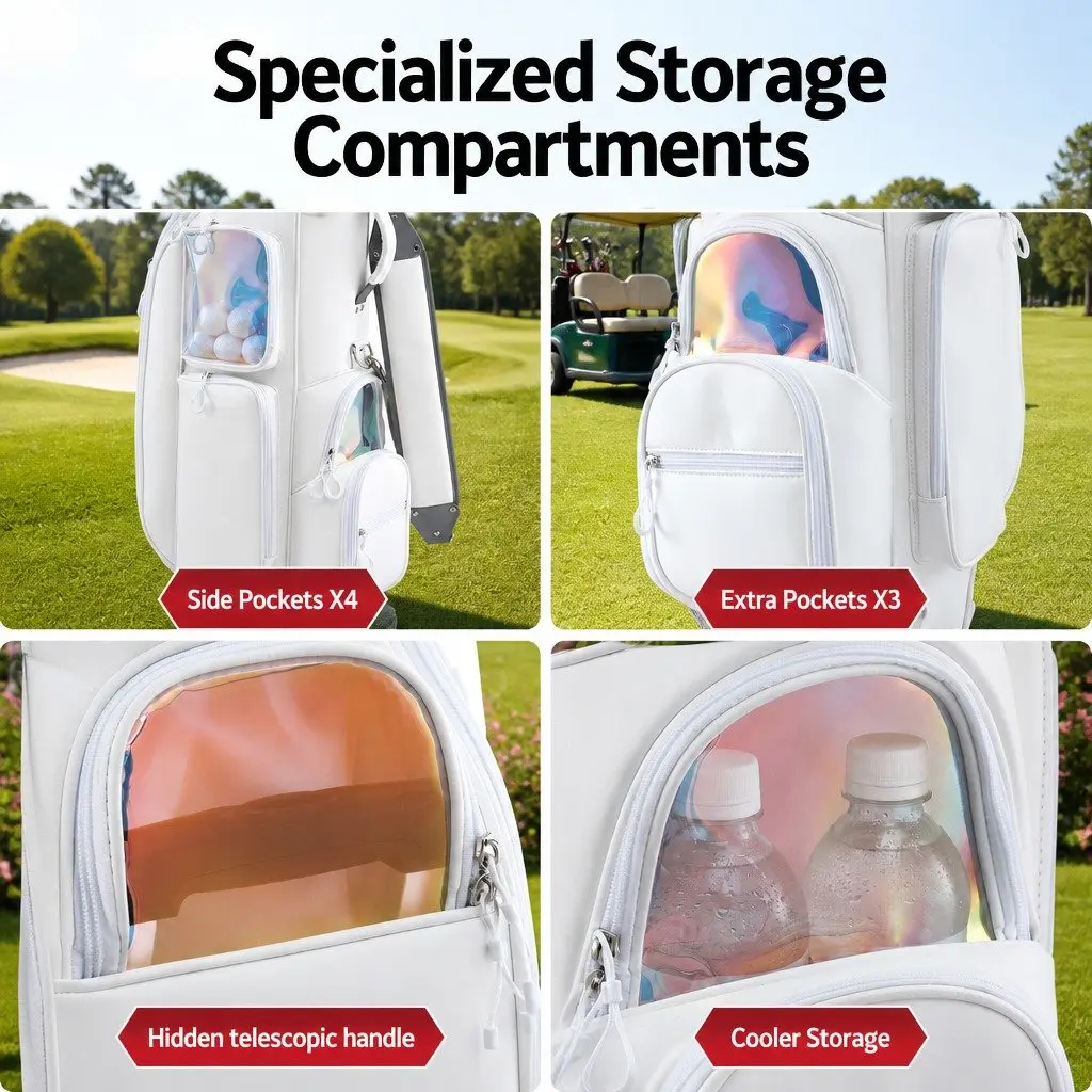 Golf Cart Bag White Multicolour Rolling Buggy with Spinner Wheels Telescopic Handle